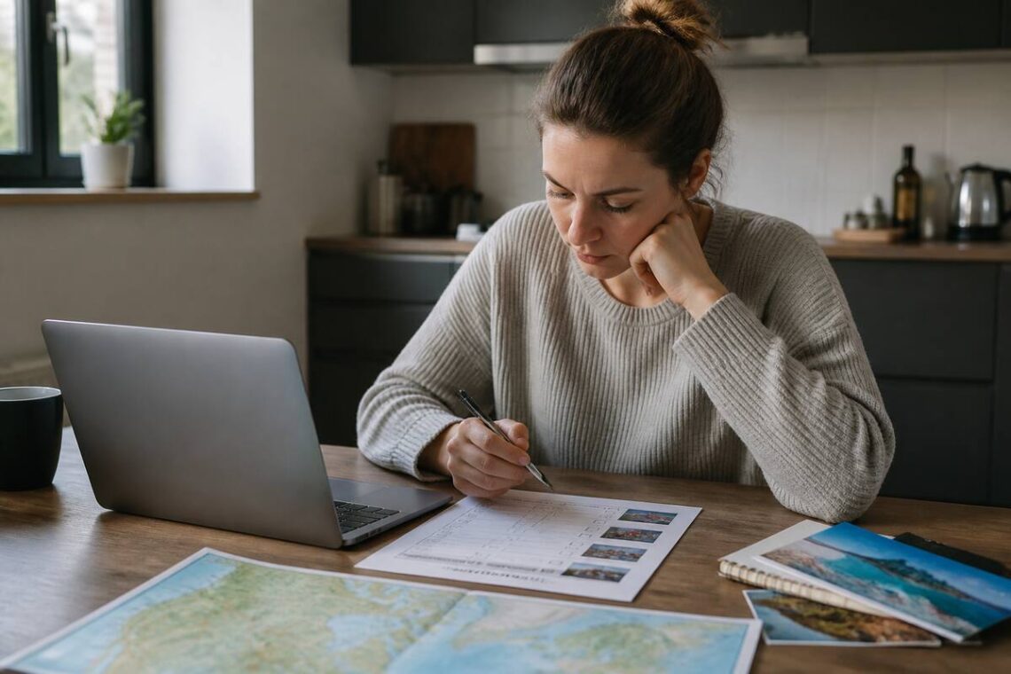 Iemand die met een checklist vakanties vergelijkt op een laptop aan de keukentafel
