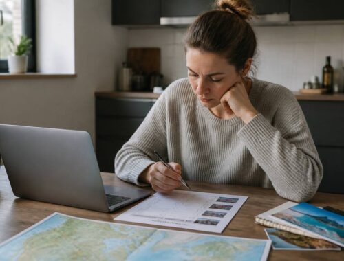 Iemand die met een checklist vakanties vergelijkt op een laptop aan de keukentafel
