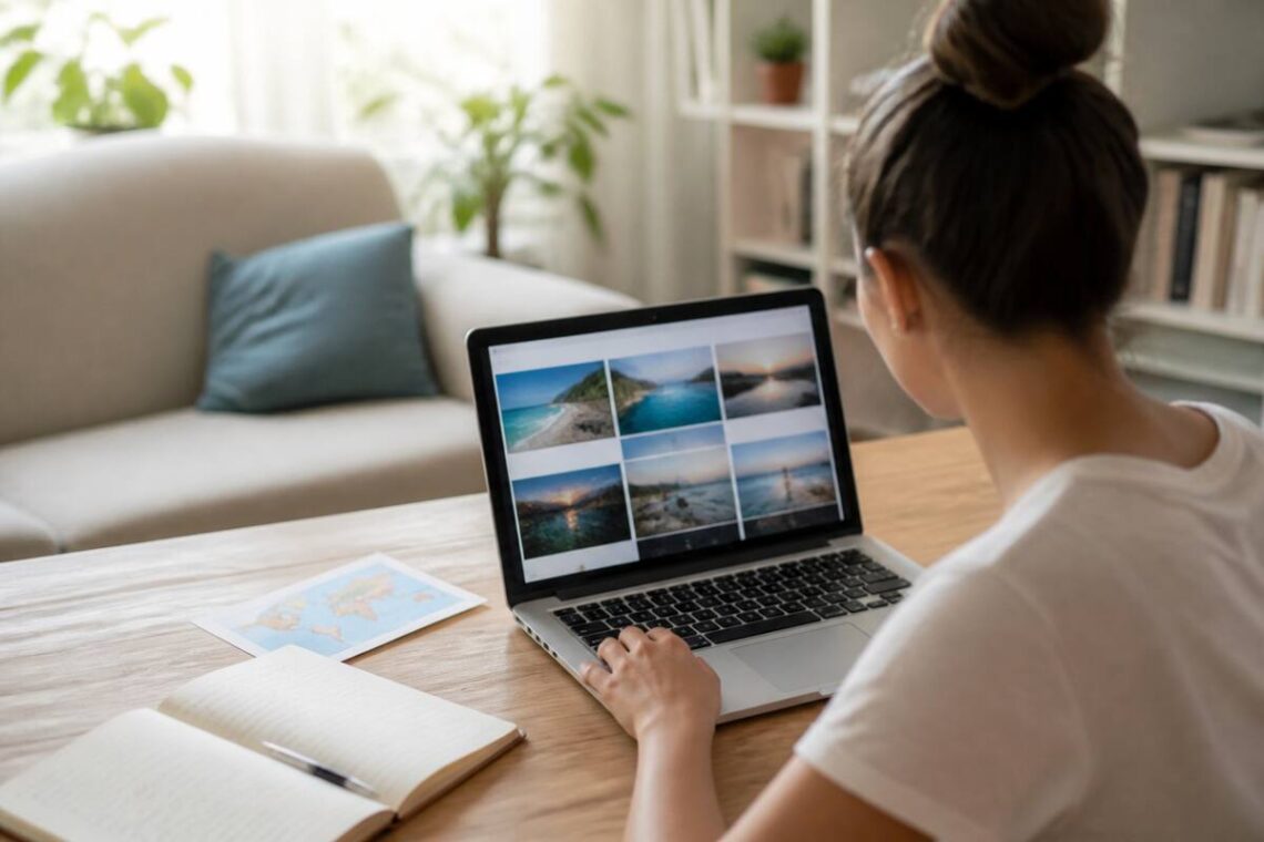 Iemand die vakantieopties vergelijkt op een laptop met reisdagboek op tafel