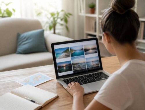 Iemand die vakantieopties vergelijkt op een laptop met reisdagboek op tafel