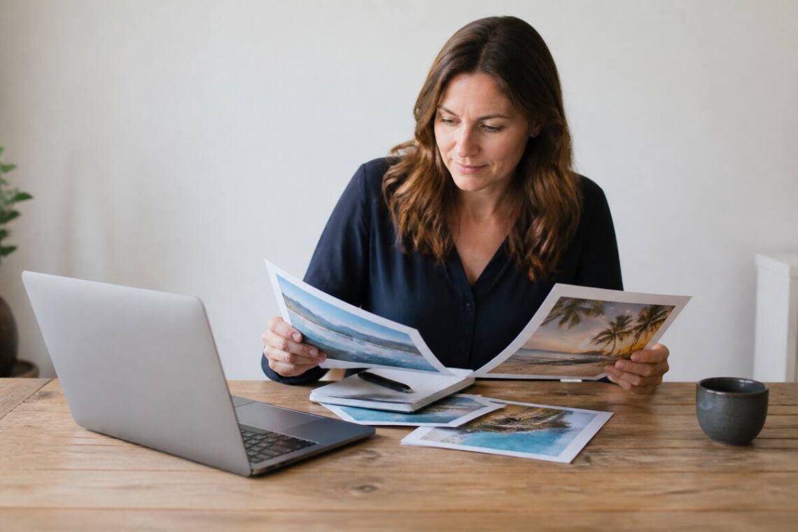 Iemand vergelijkt vakanties op een laptop met aantekeningen op papier, in een rustige setting