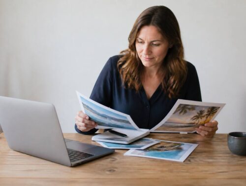 Iemand vergelijkt vakanties op een laptop met aantekeningen op papier, in een rustige setting