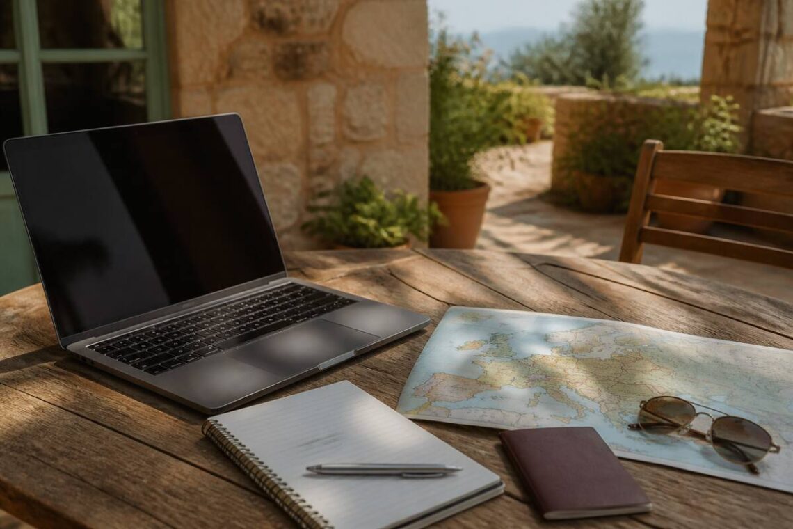 Laptop en reisbenodigdheden op tafel tijdens het vergelijken van vakanties