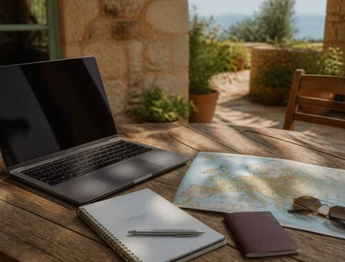Laptop en reisbenodigdheden op tafel tijdens het vergelijken van vakanties