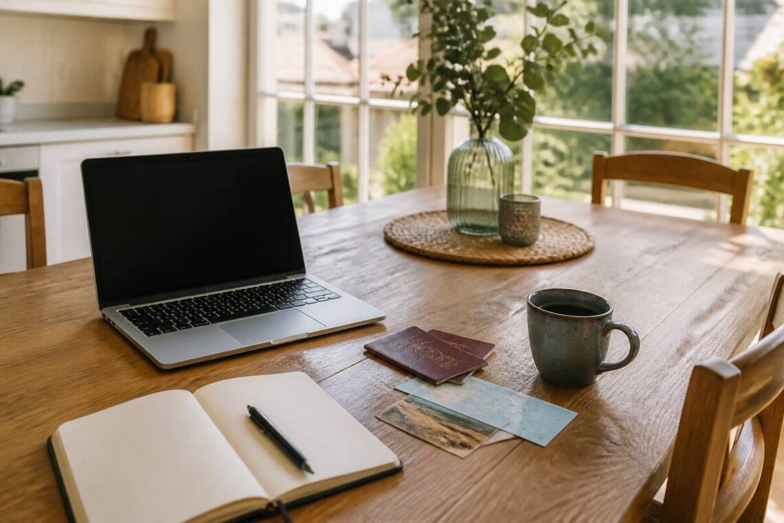 Vakantie plannen met laptop en notitieboek aan tafel