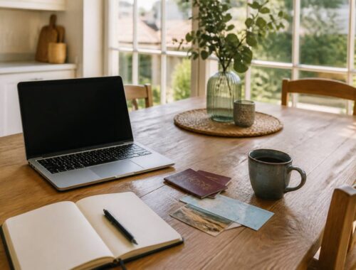Vakantie plannen met laptop en notitieboek aan tafel