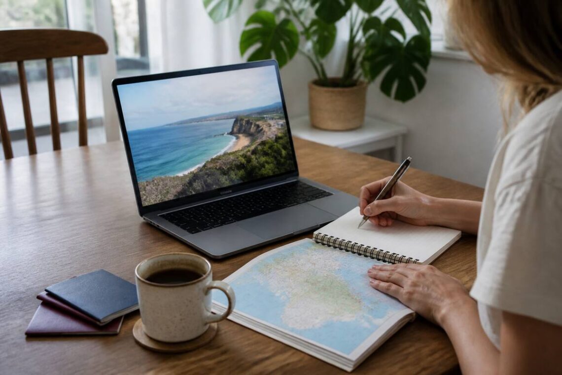 Vakantie plannen met laptop, notitieboek en paspoorten op tafel