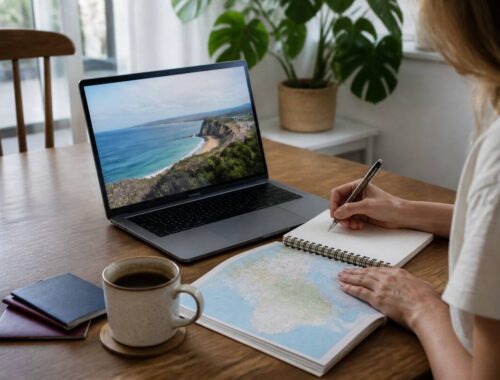 Vakantie plannen met laptop, notitieboek en paspoorten op tafel