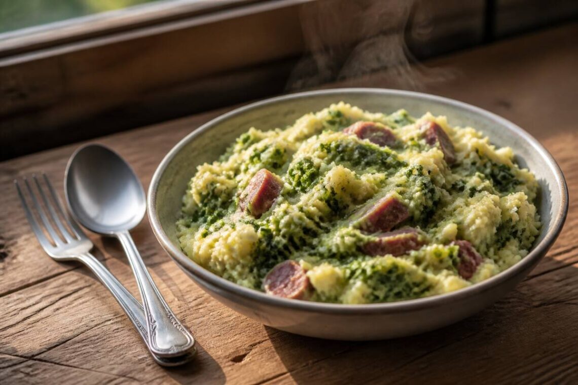 Schaal met vers bereide stamppot met een romige puree en groente, op een houten tafel