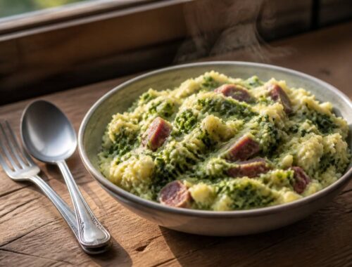Schaal met vers bereide stamppot met een romige puree en groente, op een houten tafel