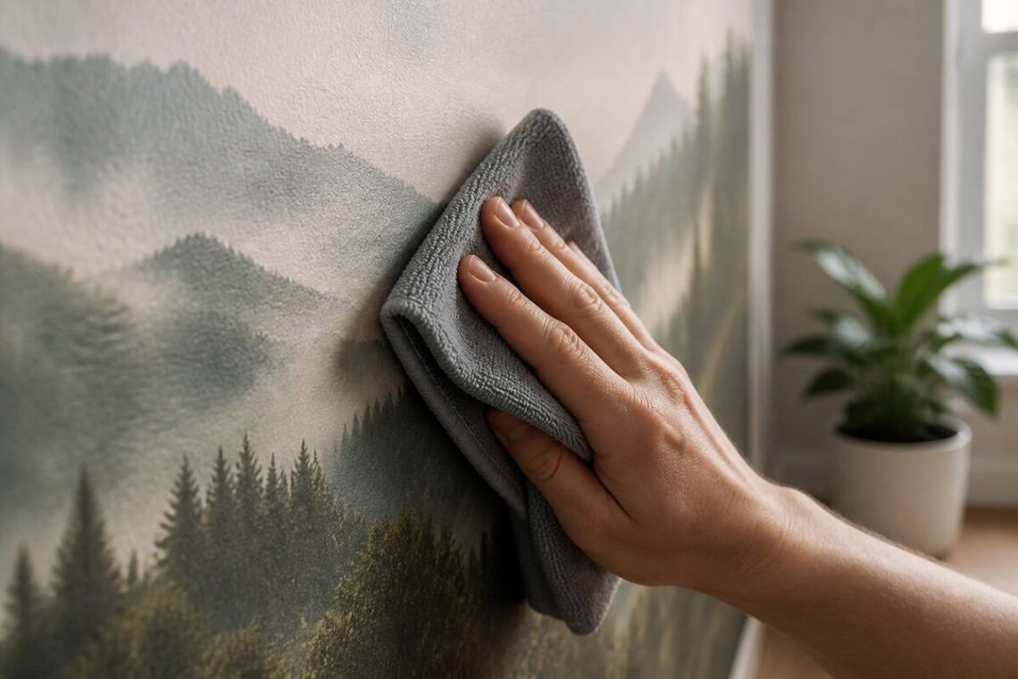 Zacht afnemen van fotobehang met een microvezeldoek