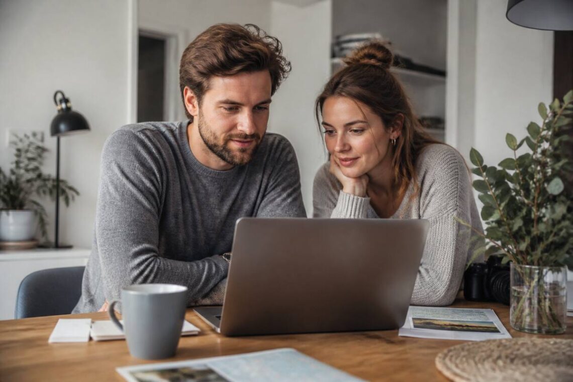 Koppel dat vakanties vergelijkt op laptop aan de keukentafel