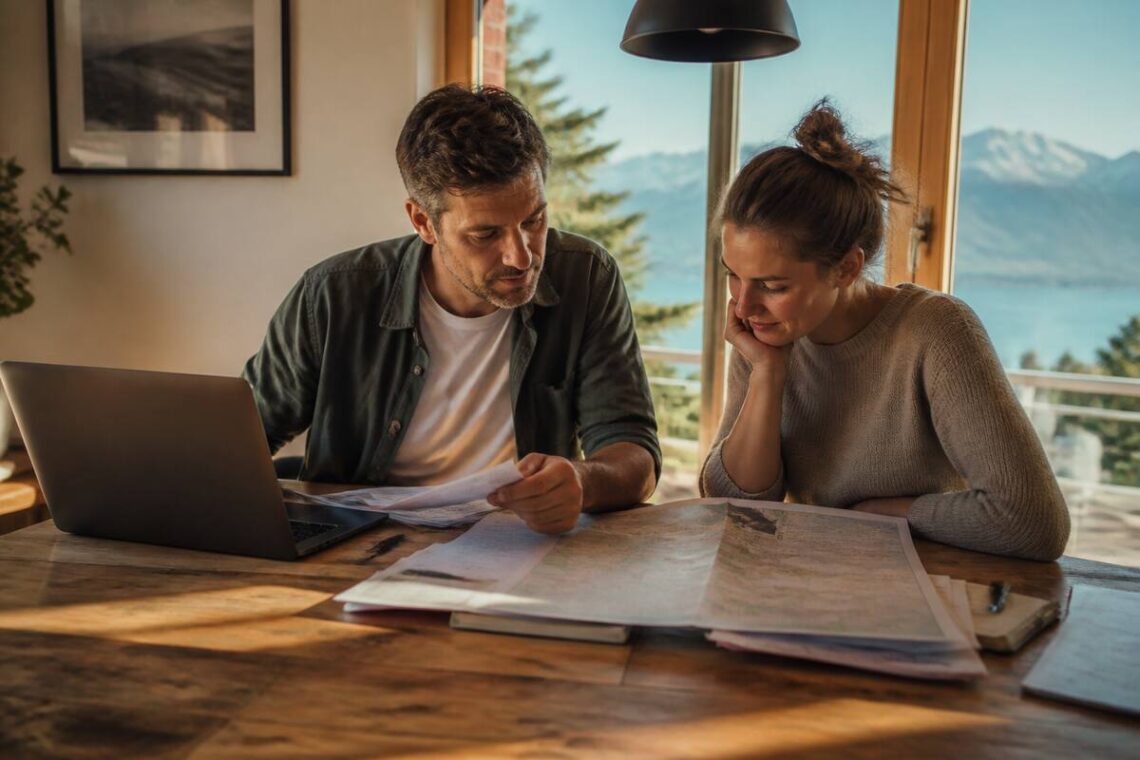Gezin dat reistips en boekingsdetails vergelijkt op een laptop met notities aan tafel