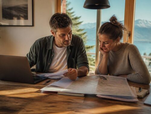 Gezin dat reistips en boekingsdetails vergelijkt op een laptop met notities aan tafel