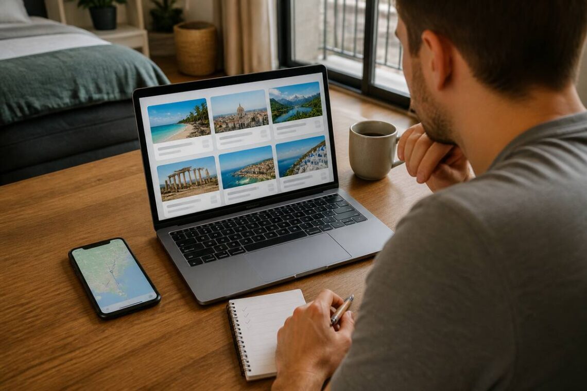 Iemand die op een laptop vakanties vergelijkt met een notitie en kaart op de smartphone