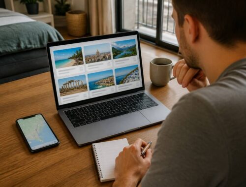Iemand die op een laptop vakanties vergelijkt met een notitie en kaart op de smartphone