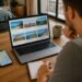 Iemand die op een laptop vakanties vergelijkt met een notitie en kaart op de smartphone