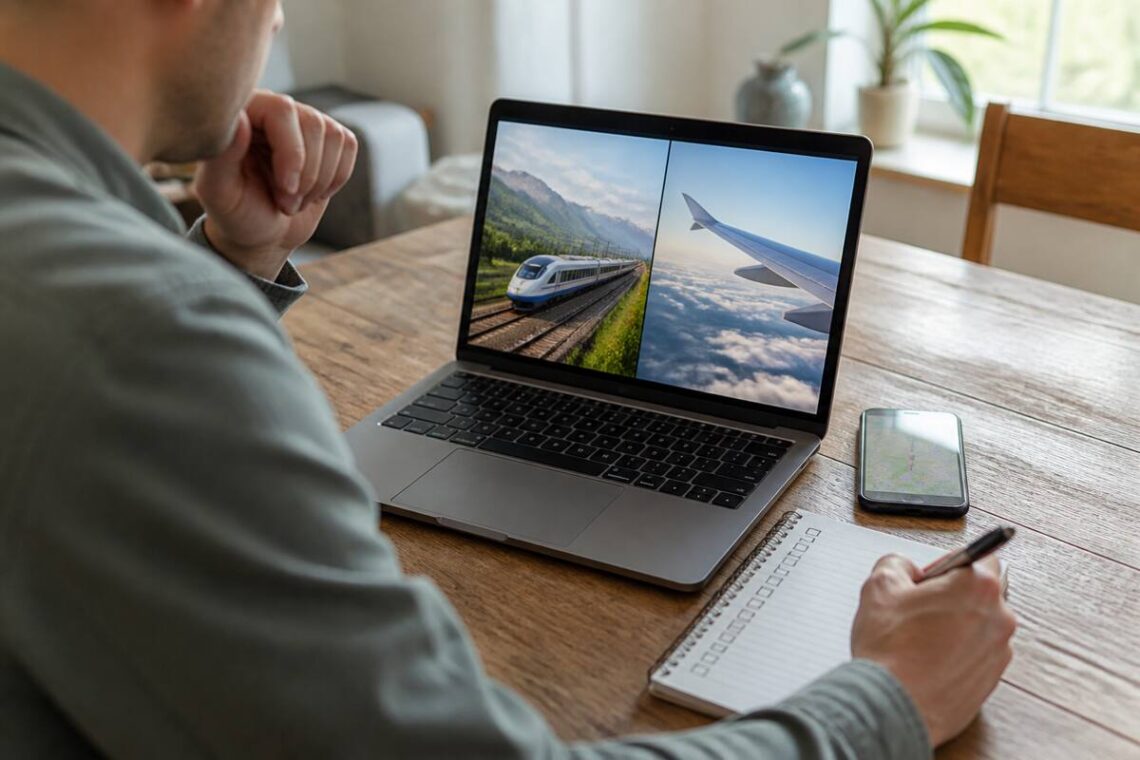 Persoon met checklist voor het vergelijken van vakanties op een laptop en notitieboekje