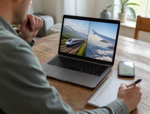 Persoon met checklist voor het vergelijken van vakanties op een laptop en notitieboekje