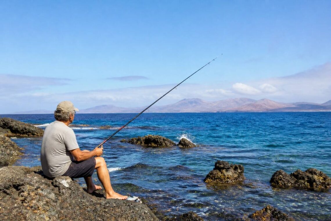Visser met hengel aan de kust van Lanzarote met de Atlantische Oceaan op de achtergrond