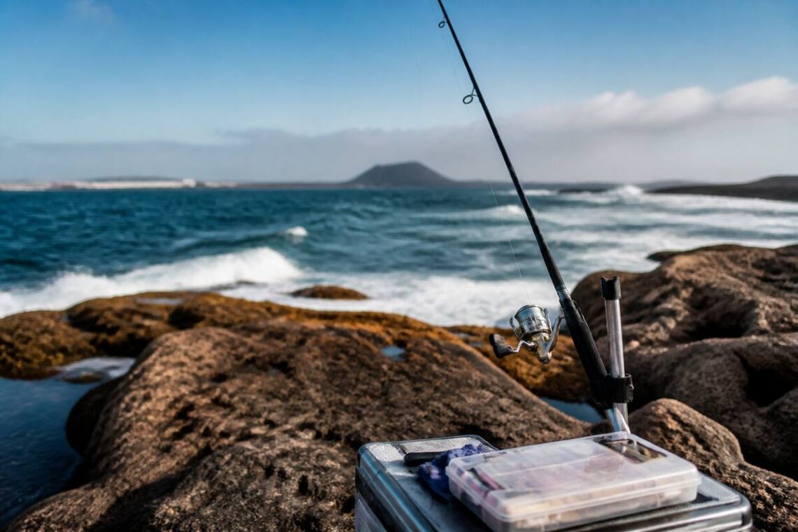 Voorbereide vissersuitrusting aan de kust van Lanzarote met hengel en tackle op rotsachtige ondergrond