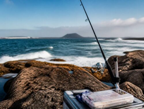 Voorbereide vissersuitrusting aan de kust van Lanzarote met hengel en tackle op rotsachtige ondergrond