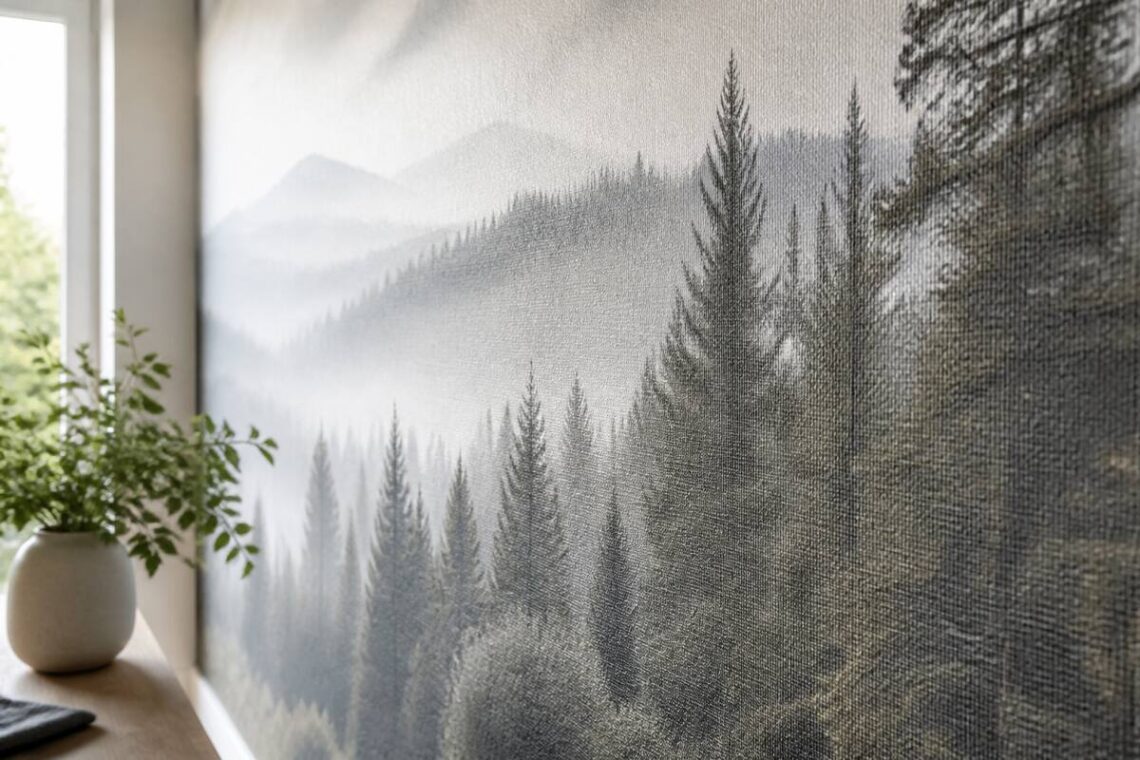 Fotobehang in een lichte woonkamer bij daglicht, geschikt voor onderhoudstips