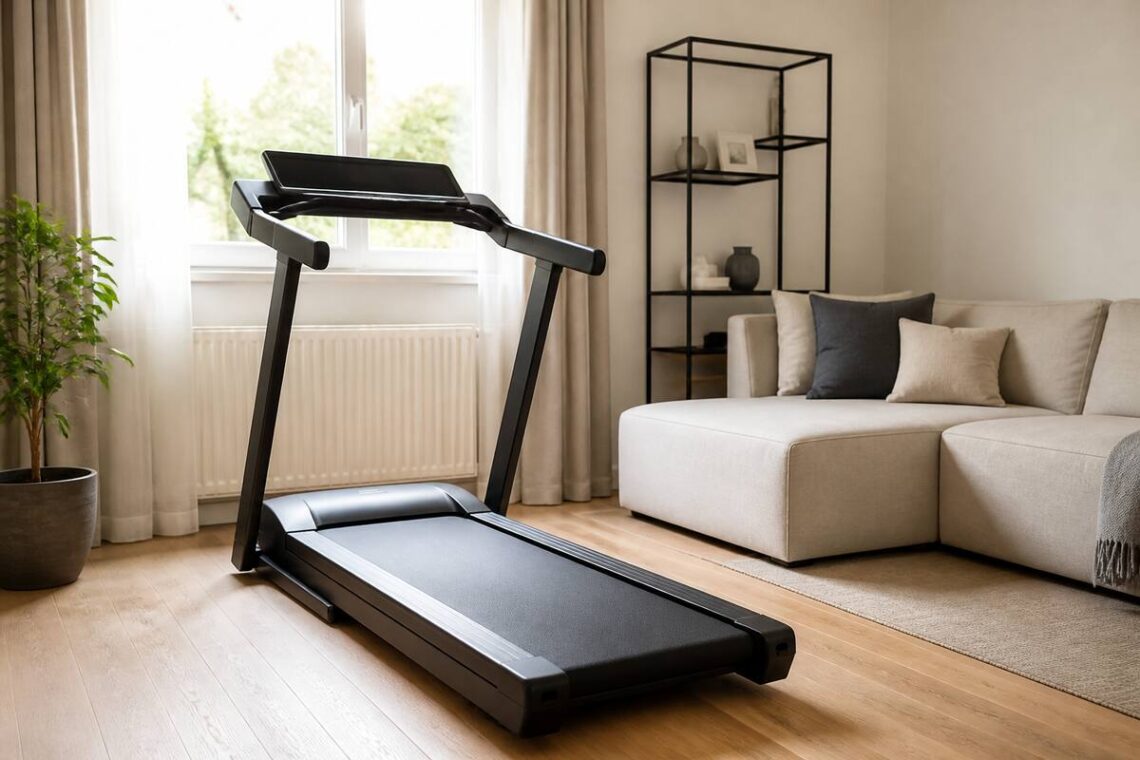 Realistische loopband in een lichte woonkamer, klaar voor gebruik