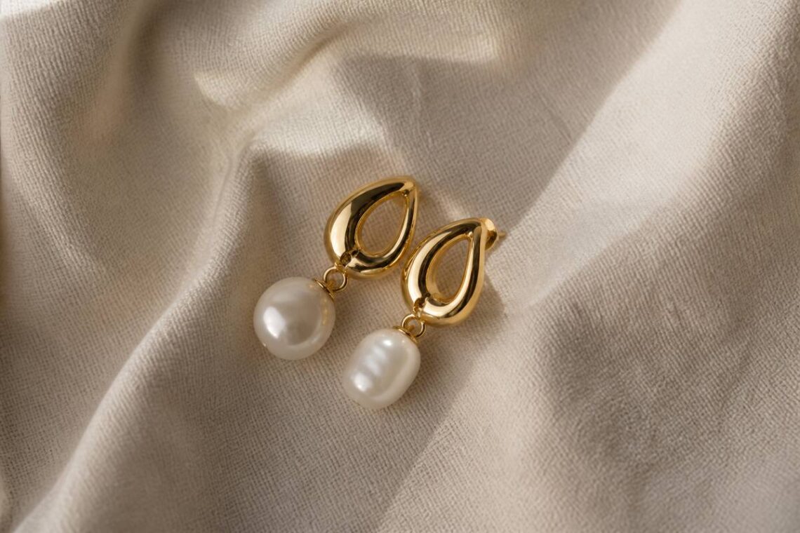 Elegante oorbellen op linnen onder natuurlijk daglicht, realistische productfoto zonder tekst