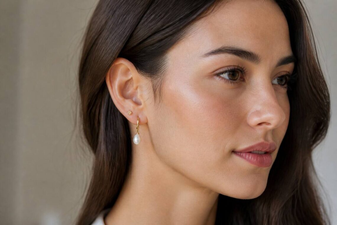 Realistische close-up van oorbellen op het model met natuurlijk daglicht