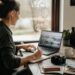 Iemand vergelijkt vakanties op laptop en noteert voorwaarden aan tafel